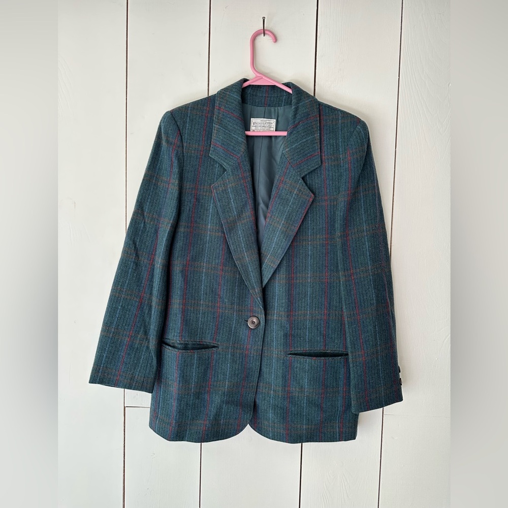 Vintage Pendleton Plaid Wool Blazer Jacket S/M Teal Blue Lined Academia USA